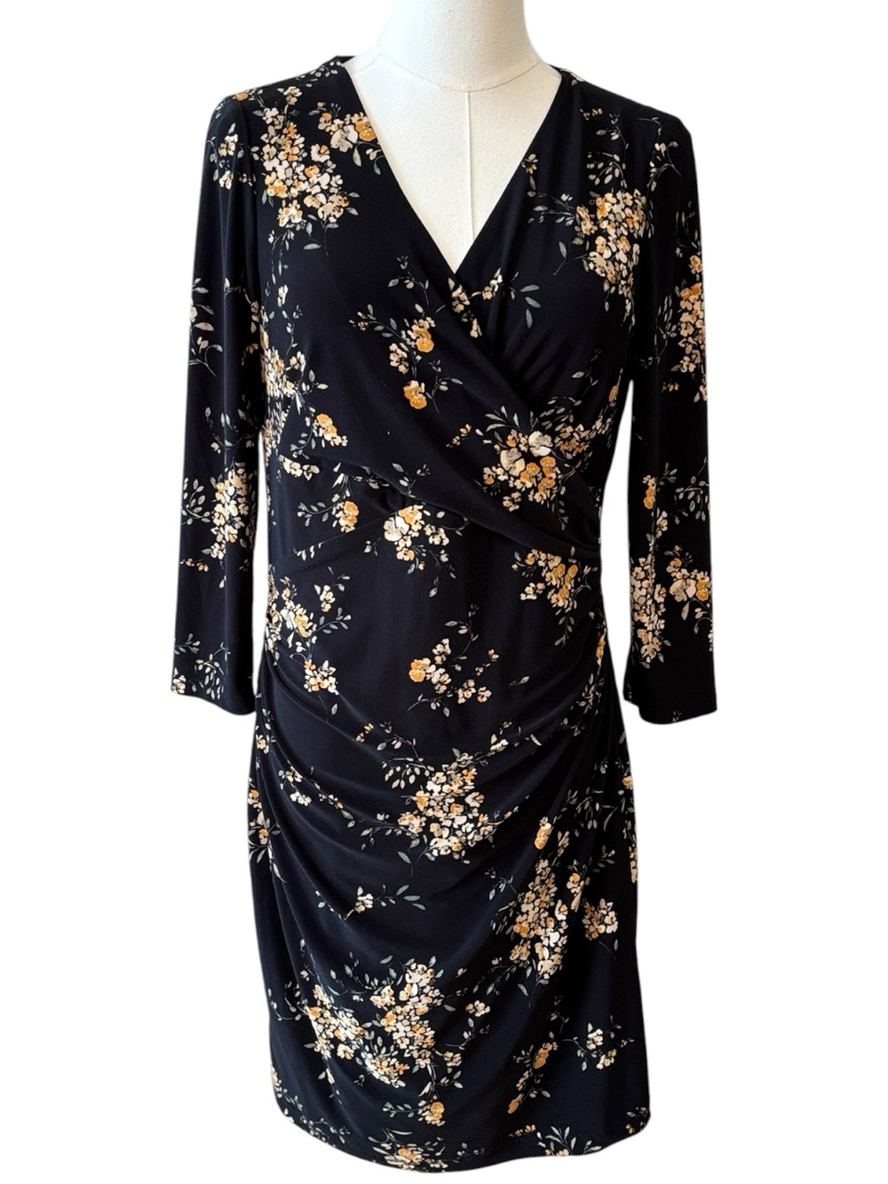 Lauren by Ralph Lauren Black & Yellow Floral Faux Wrap Dress Size 2
